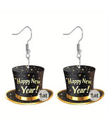 2025 Happy New Year Hat Earrings Black Top Hat Design with Golden Accent... - £5.76 GBP