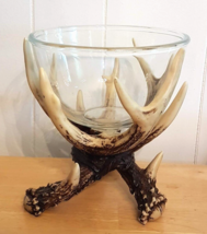 GLASS SERVING BOWL 6.5&quot; Resin Antler Stand Base 7&quot; tall Rustic Lodge Cab... - $39.54