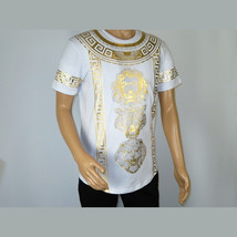 Mens PLATINI Sports Shirt With Rhine Stones Lion Medallion Chain SS3614 White image 3