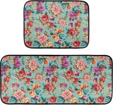 Pfrewn Teal Boho Flowers Kitchen Rug and Mat Set of 2 anti Fatigue Non S... - $52.10