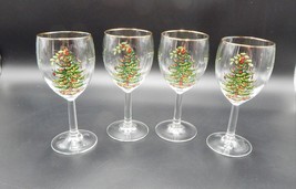 Spode Christmas Tree Wine Water Glasses Goblets Gold Trim 7 1/2 Inch Set of 4 - $29.99
