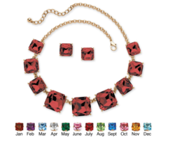 Cushion January Garnet Simulated Birthstone Necklace Earrings Set Gold Tone - £79.74 GBP
