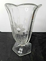 Etched Flower Cut Glass Ice Cream Sundae Dish/Vase Heavy Footed Stem Sca... - $12.99