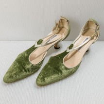 Manolo Blahnik Dark Green Velvet T-Strap Kitten Heels w/ Silver Leather ... - £97.08 GBP