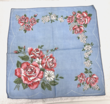Vintage Hankie Pink Roses White Flowers on Soft Blue  12 Inch - $13.50 CAD