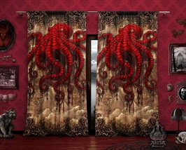 Goth Horror Octopus Curtains, Beige, Gothic Home Decor, Halloween Window Drapes, - £133.16 GBP