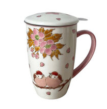 Twin Sparrows Sakura 15oz Porcelain Tea Mug With Lid &amp; Stainless Steel I... - $24.99