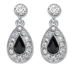 SILVERTONE SIMULATED PEAR CUT BLACK ONYX ROUND CRYSTALS DROP EARRINGS - £55.94 GBP