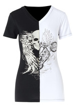 Women&#39;s Motorcycle White and Black Skull TShirt Wing Graphic T-Shirt Rhi... - $24.99