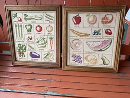 Set of 2 Vintage Cross Stitch Sampler Needlepoint Vegetables fruit 15x13 Frame - £47.96 GBP