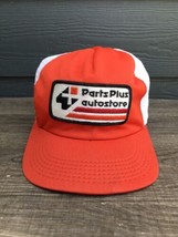 Vintage PARTS PLUS Large Patch Full Mesh TRUCKER Hat Snapback Orange White - $9.03