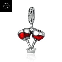 Wine Glasses Friendship Dangle Charm Genuine 925 Sterling Silver For Bracelets - $18.69