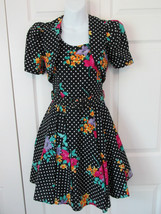 Carolina Colours Floral Polka Dot Black Dress Attached Shrug Princess Seams Euvc - £15.94 GBP