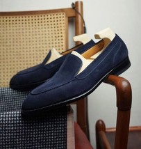 Handmade Men&#39;s Navy Blue Round Toe Decent Looks Stylish Suede Formal - £217.91 GBP