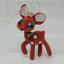 Vtg Flocked Reindeer Christmas Ornament Eyelashes And Polka Dots MCM - £18.24 GBP