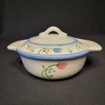 Vtg Treasure Craft Covered Casserole Dish &amp; Lid 7.5&quot;x3&quot; White Blue Stripe Flower - £15.81 GBP