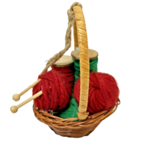 Vintage Handmade Knitting Sewing Basket Christmas Tree Ornament 5 x 4&quot; - £12.25 GBP