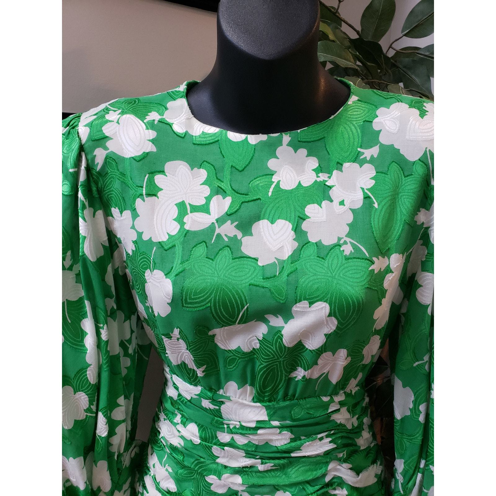 VTG Maxi Dress Women's Small Green Floral Lined Crew Neck Long Sleeve Back Zip Item image 11