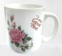Love Grows Here Coffee Mug Pink Roses Enesco Taiwan White Vintage 1980s  10 oz - $30.68