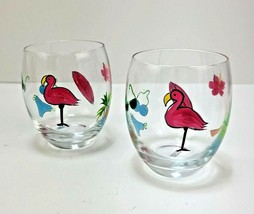 2 Flamingo Stemless Wine Glasses Clear Hand Painted Tropical Beach Decor 4.25&quot;  - £15.17 GBP