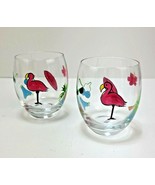 2 Flamingo Stemless Wine Glasses Clear Hand Painted Tropical Beach Decor... - £14.93 GBP