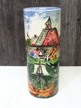 Vtg 1949 Hand Painted Ceramic Pottery Lamp Base Seaside Town Windmill Boats 9.5&quot; - £45.18 GBP