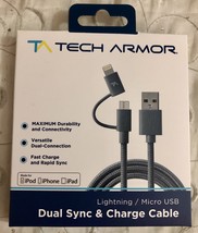 Tech Armor Dual USB Sync/Charge Cable Gray 6 Feet Compatible w/ Apple &amp; Android - £14.22 GBP