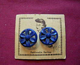 Vintage Navy Blue Plastic Flower Slide Clip On Earrings - $9.89