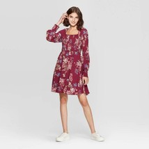 Dress Xhilaration Women&#39;s Size S Burgundy Floral Print Long Sleeve Square Neck - £17.56 GBP