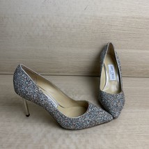 JIMMY CHOO “ROMY” Silver Leather Point Toe Slip On Glitter Pumps, Women’s 36.5 - £239.56 GBP