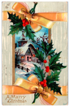 Postcard Embossed Merry Christmas Holly Berry Yellow Ribbons Winter Church 1910 - £5.51 GBP