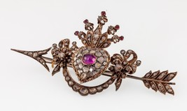 10k Gold Custom Antique Heart Arrow Brooch w/ Diamonds and Rubies - £14,212.55 GBP