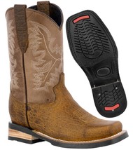 Kids Unisex Grain Leather Western Wear Boots Honey Brown Square Toe Botas - £43.82 GBP