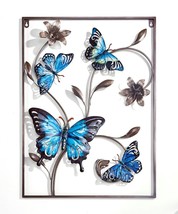 Butterfly Wall Plaque Blue Grey 3D Metal Frame 24" High Flowers Garden Home 