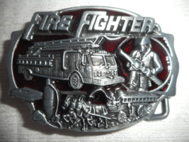 Fire Fighter Belt Buckle Silver Enamel Horse Drawn Wagon Truck 3 1/4&quot; x 2 1/4&quot; - £11.72 GBP