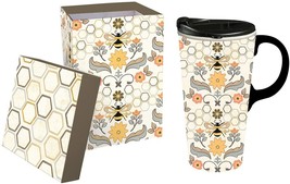 Honey and Hive Jennifer Brinley Bee Ceramic Travel Coffee Mug Tea Cup 17 oz  - £20.57 GBP