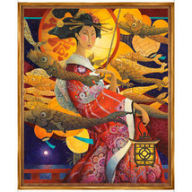 36&quot; X 44&quot; Panel Geisha Girl Japanese Lantern Orange Cotton Fabric Panel D479.72 - £12.72 GBP