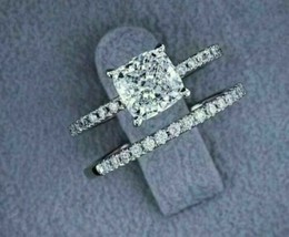 2.50CT Cushion Simulated Diamond  Wedding Ring Set 14K White Gold Plated - £117.60 GBP