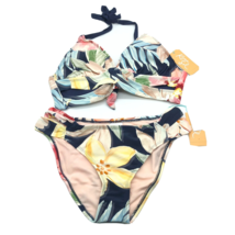 Kona Sol Bikini Set Floral Medium Coverage Hipster Halter Navy Blue S - £18.87 GBP