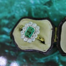 Estate 1.50 Ct Emerald &amp; Diamond  Cluster Engagement Ring 14K Yellow Gold Over - £75.93 GBP