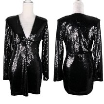 Motel Melana Plunge Neck Bodycon Sequin Dress Black Medium New - $59.00