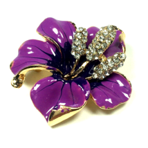 Modern Purple Enamel Rhinestone Lily Flower Brooch Pin 1.8&quot; - £15.18 GBP