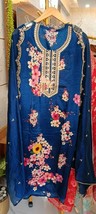Pure Muslin Silk Semi Stitched Salwar Suit Set, Blue Big Digital Floral Print wi - £84.27 GBP