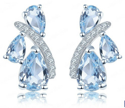 3.00Ct Pear Cut Blue Topaz &amp; Diamond Stud Push back Earrings 14K White Gold FN - £77.71 GBP