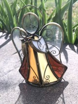 Stained Glass Angel Votive Holder 6.5” Tall Tan/Brown/White Holding Candle - £8.66 GBP