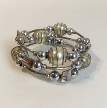 Beaded Coil Bracelet Wire Wrap Multi Layer Faux Pearl Shell Silver Tone Metal - £21.64 GBP