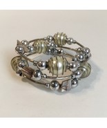 Beaded Coil Bracelet Wire Wrap Multi Layer Faux Pearl Shell Silver Tone ... - $27.00