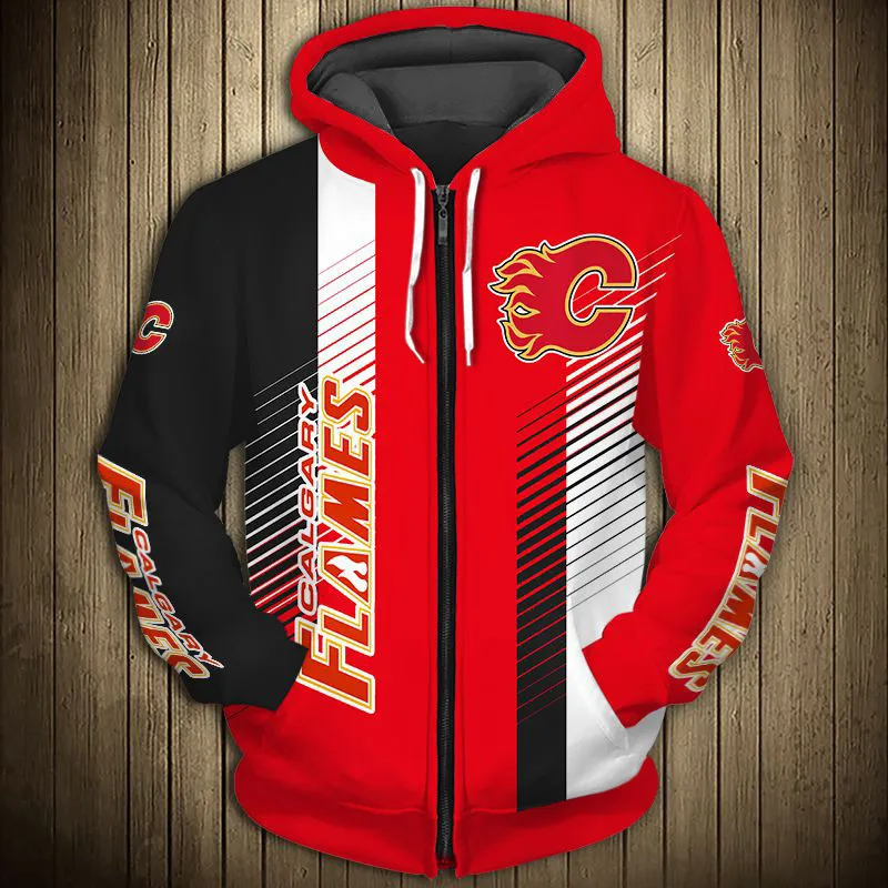  Calgary men&#39;s Casual 3D Zipper Hoodie Black And Red Stitching Stripes  Burning  - £145.95 GBP