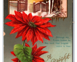 Bright New Year Poinsettia Blossom Winter Cabin Scene Embossed DB Postca... - $3.91