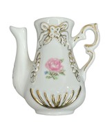 Mini Porcelain Teapot Vase 3.5” White Gold Trim Pink Rose Floral Vintage - £10.16 GBP